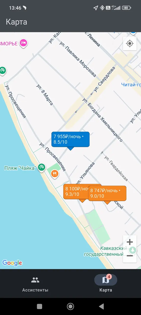 Карта в чате с выгоднями предложениями по отелям