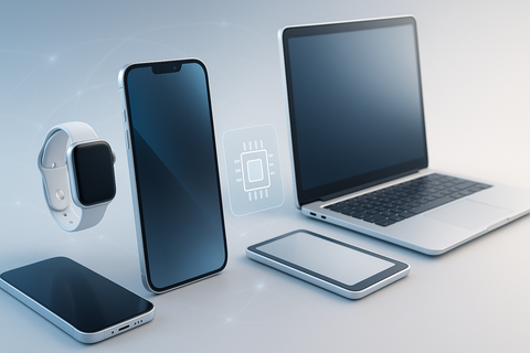 eSIM-compatible devices - smartphone, smartwatch, tablet and laptop on a clean gradient background