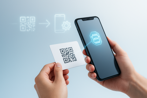 Hand scanning an eSIM QR code with a smartphone for installation and activation